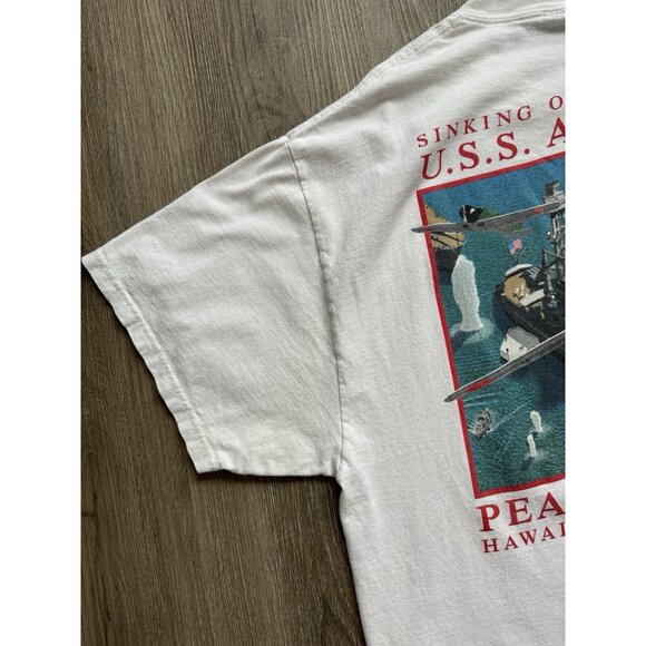 Vintage 90's USS Arizona Pearl Harbor Hawaii Battleship USA World War White Tee - Picture 9 of 16
